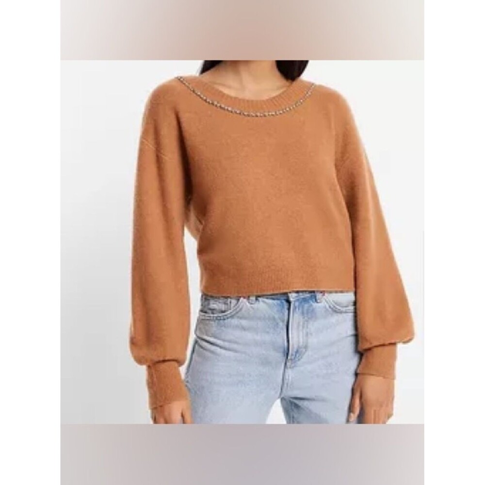 Express Camel Rhinestone Bow Sweater NWOT Size M Embellished Knit
